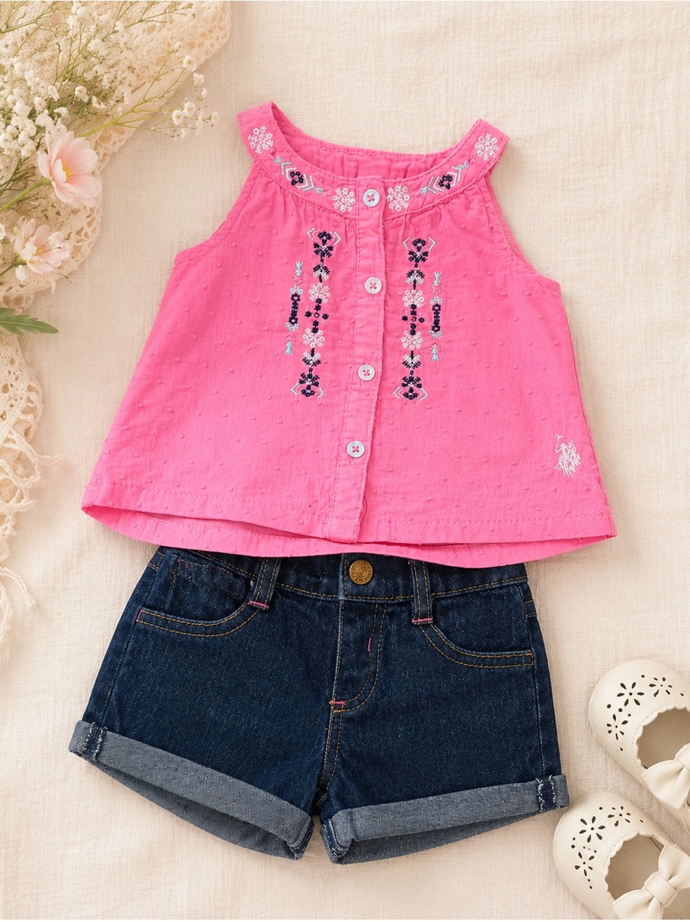U.S. Polo Assn. Hot Pink Embroidered Girls' Top & Matching Denim Shorts